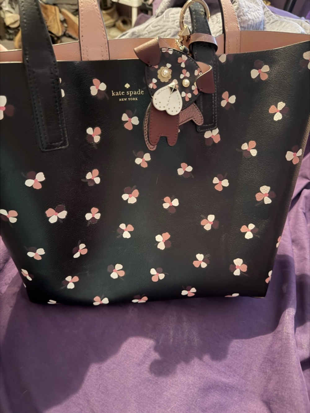 kate spade Black Floral Charm Tote with Pink Accents